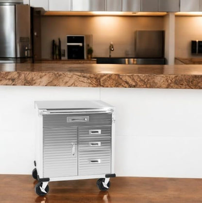 Heavy Duty Rolling Storage Cabinet with Wheels and Drawers, Workstation for Garage, Office, Workshop, (Stainless Steel Table top 1 Door, 4 Drawer), Granite