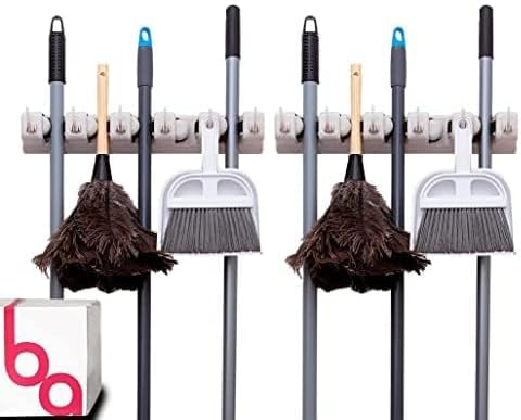 Berry Ave Broom Holder & Wall Mount Garden Tool Organizer- Kitchen, Closet, Garage & Laundry Room Storage With 5 Slots And 6 Hooks- Wall Holder For Broom, Rake & Mop Handles Up To 1.25” [Beige 2-Pack]