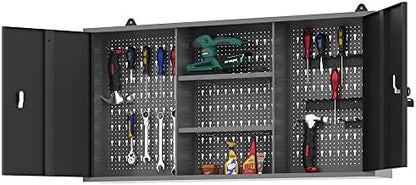 JZD Steel Wall Mount Storage Cabinet System with 22 Tool Hooks, for Garage Workshop Black & Grey