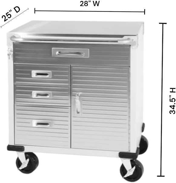 Heavy Duty Rolling Storage Cabinet with Wheels and Drawers, Workstation for Garage, Office, Workshop, (Stainless Steel Table top 1 Door, 4 Drawer), Granite