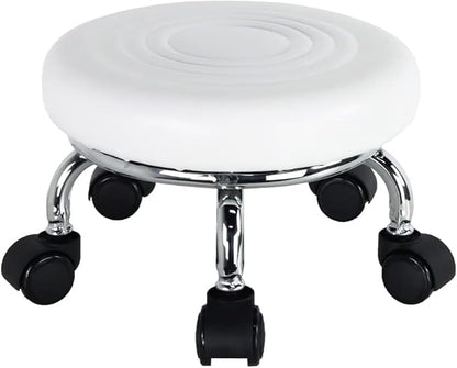Modern PU Leather Low Round Rolling Stool - 360 Swivel with Universal Caster Wheels, Small Stool for Home Office, Garage, Shop, Fitness, Sport - H:8.4' White