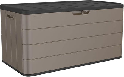 Premium Pro Edition 100 Gallon Lockable Resin Deck Box, Waterproof & UV-Resistant Outdoor Storage Box for Outdoor Cushion Storage, Garden Tools & Pool Accessories Storage, Brown