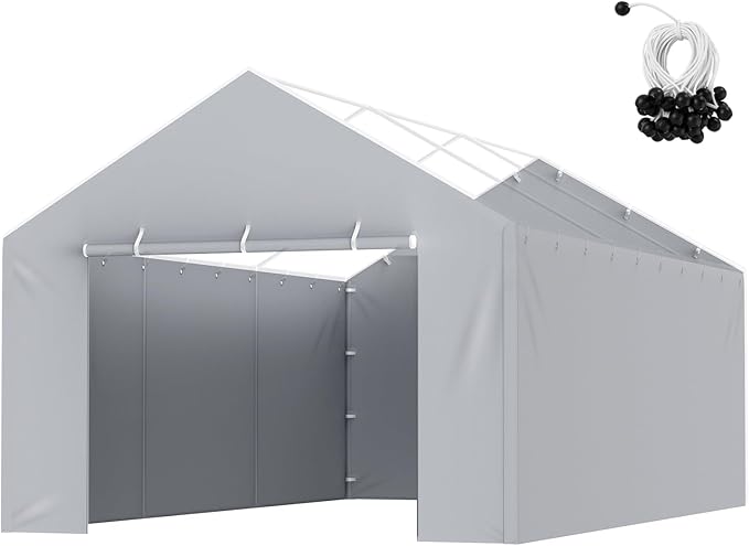 VEVOR Carport Replacement Canopy Cover Side Wall 12 x 20 ft, Garage Tent Shelter Tarp Heavy-Duty Waterproof & UV Protected, Easy Installation with Ball Bungees,Grey (Top and Frame Not Included)