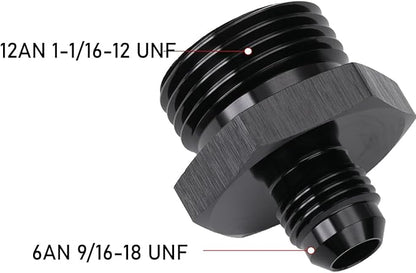 6AN Male Flare to 12AN ORB O-ring Boss Fuel Pump Rail Adapter Fitting Aluminum Black, Pack of 2