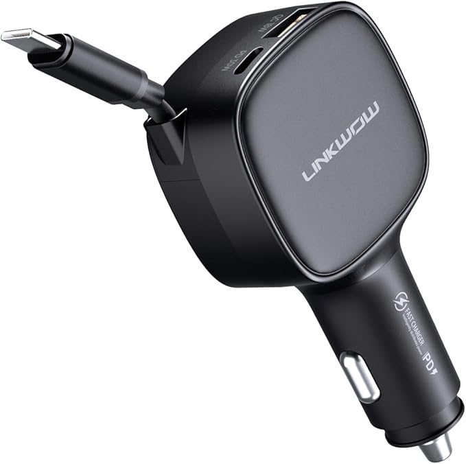Retractable Car Charger USB C, 84W Max, Ultra-Compact, Type-C Fast Charger with Built-in Retractable USB-C Cable, Car Adapter for iPhone 16/15 Series, MacBook Pro/Air, iPad, AirPods Black