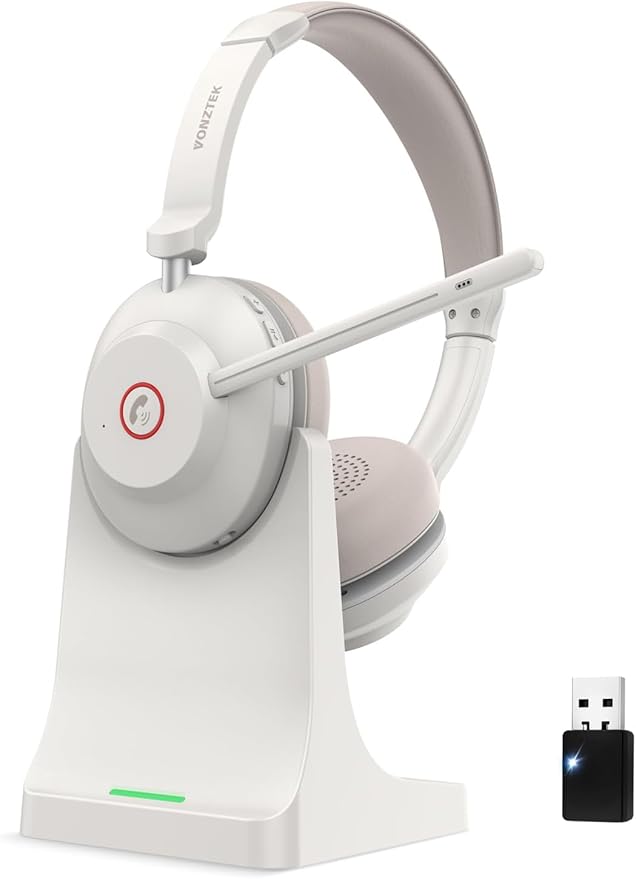 Bluetooth Headset, Wireless Headset with Dual Noise Canceling Microphone for Work &USB Dongle, QCC 5.2 Bluetooth Headphones with Mic Mute/Charge Dock for Computer Cell Phone Office Call Meetings Teams