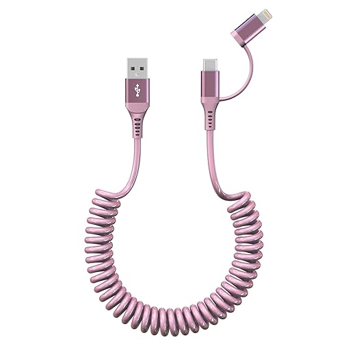 USB to USB C and Lightning Pink Car Charger Cable - Pink iPhone Charger Coiled Lightning Cable Type-C Charging Cord Support Apple Carplay & Android Auto & Data, for iPhone 16 15 14 13 12 11 Android