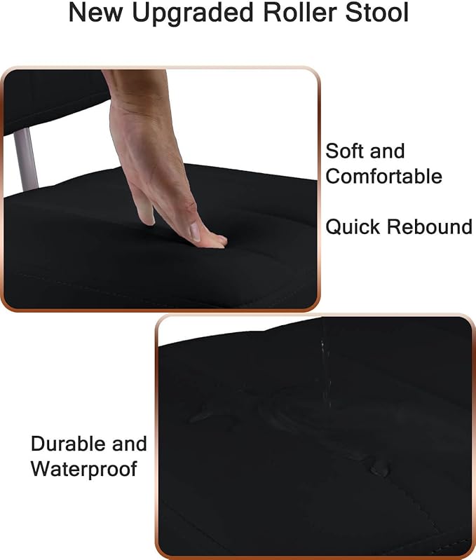 Rolling Stool and 4 Wheels with Brakes Rolling Chair for Home Office Garage Shop Roller Seat Water-Proof High Density Cushion and Steel Black