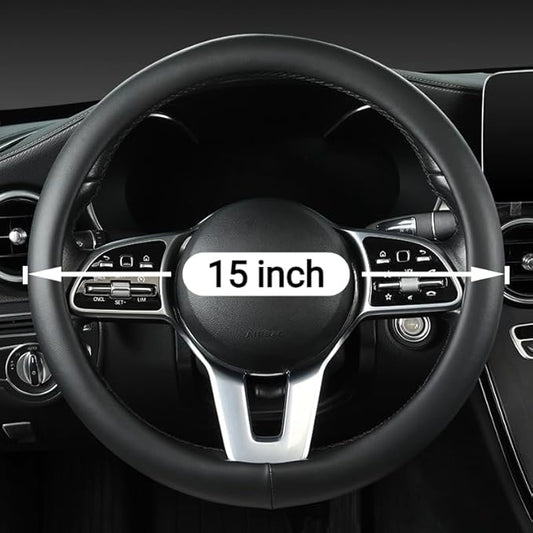 Cowhide Steering Wheel Cover Heat Resistant Anti-Slip Car Wheel Wrap Compatible with Most Makes and Models of Cars and Trucks with 14.5 to 15 Inch Steering Wheel (Black-1)