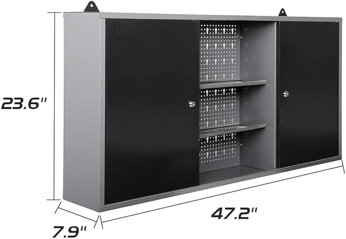 JZD Steel Wall Mount Storage Cabinet System with 22 Tool Hooks, for Garage Workshop Black & Grey