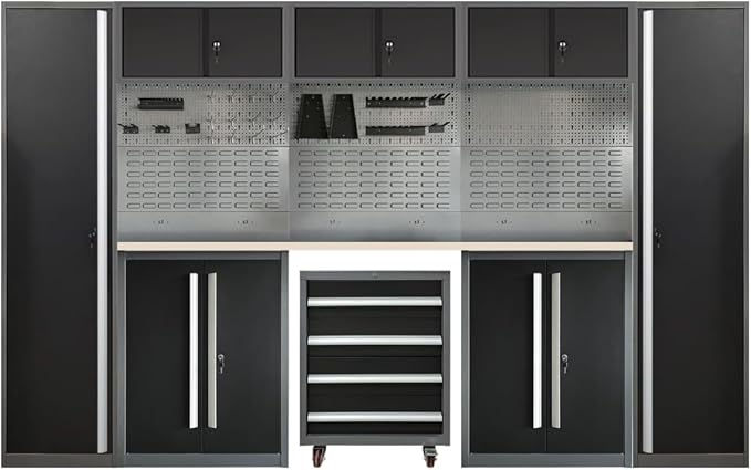 JZD Metal Garage Tool Cabinet System, Tool Organization with Wooden Worktop, for Workshop Auto Repair Shop, Black and Grey