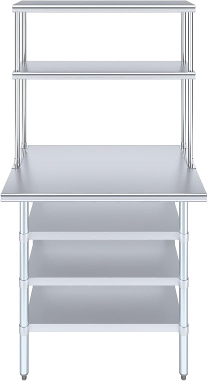 Amgood 24" x 36" Stainless Steel Work Table with 3 Shelves and 12" Wide Double Tier Overshelf | Metal Kitchen Prep Table & Shelving Combo | NSF