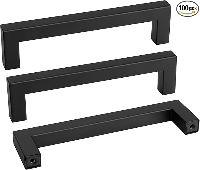 goldenwarm 100 Pack 5 Inch Black Cabinet Handles - Matte Black Drawer Pulls Stainless Steel - 128mm Cabinet Hardware Square Bar Modern Cabinet Pulls for Kitchen Bathroom Cupboard