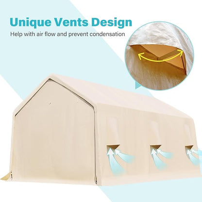 ADVANCE OUTDOOR 13x20 ft Carport 2 Roll up Doors & Vents Outdoor Portable Storage Shelter Garage Tent for Vehicle Boat Truck Anti-UV Snow Resistant Waterproof, Beige