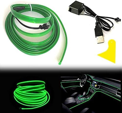 El Wire Green Interior Car LED Strip Lights, 5M Neon Wire USB 5V with Fuse Protection for Automotive Interior Decoration, with 6mm Sewing Edge