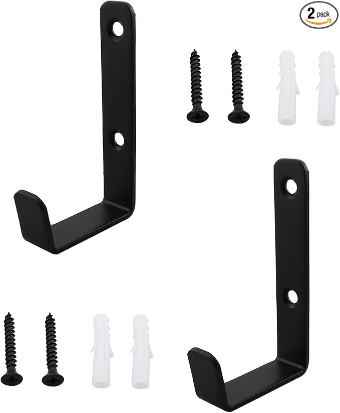 2PCS 82.5x45.5mm Black Metal Wall Mounted 2 Holes J Hook with Screws for Hanging Hat/Clothing/Objects