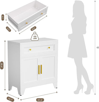 Metal Sideboard Cabinet with Big Drawers,Farmhouse Coffee Bar with One Adjustable Shelves,Buffet Cabinet,Metal Storage Cabient for Kitchen, Dining Room, Entryway, White