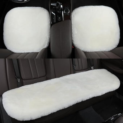 Fluffy Genuine Australia Sheepskin Car Seat Cover for Auto Interior Accessories with Soft Fuzzy Wool Eco-Friendly Natural Fur Non-Slip (White, Front 20 * 20inchs)
