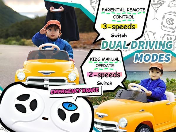 Joywhale 12V Kids Ride on Car Licensed Chevrolet 3100 Pickup Battery Powered Motorized Electric Car with 7AH Big Battery 2.4G Remote Control 3-Speeds Storage Space Music Retro Style, Yellow