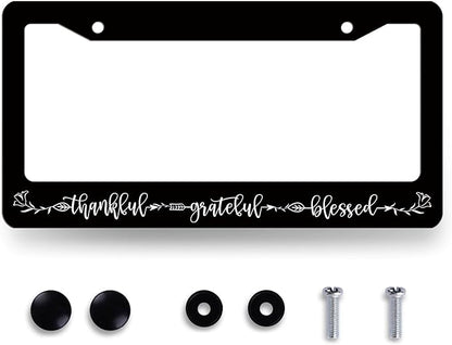 Thankful Grateful Blessed License Plate Frame Christianity License Plate Holder Funny License Plate for Belief Car Decoration Stainless Steel Car Accessory with Screws Men Women 12.3" x 6.3"