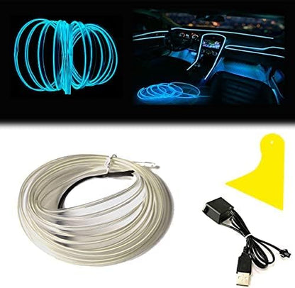 El Wire Ice Blue Interior Car LED Strip Lights, 10M Neon Wire USB 5V with Fuse Protection for Automotive Interior Decoration, with 6mm Sewing Edge