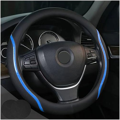 Steering Wheel Cover Blue, Carbon Fiber Car Steering Wheel Covers with Coasters Universal 14.5-15 inch Leather Microfiber Breathable Anti-Slip Steering Wheel Accessories Set