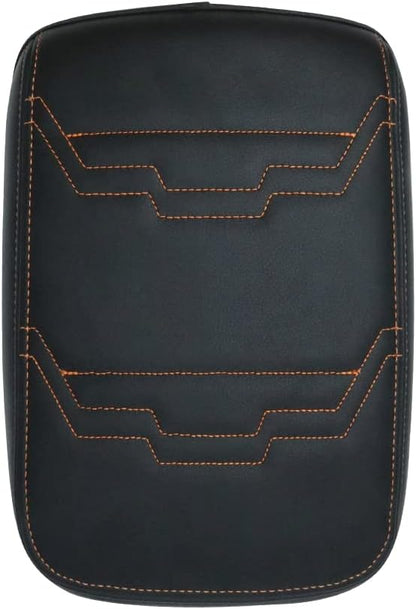 Muslogy for Frontier Center Console Pad Armrest Box Cover Vegan Leather Soft Accessories Armrest Lid Protector Compatible with Nissan Frontier 2022-2024 2025 (Regular Thick, V2 Orange Stitching)