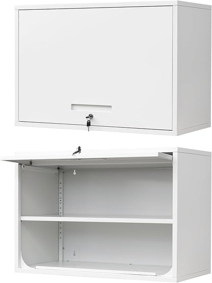 Metal Wall Cabinet with Locking Door and Shelf, Hanging Garage Cabinets with Up-Flip Doors for Garage, Warehouse, Home, Office, Assembly Required (White, One Cabinet)