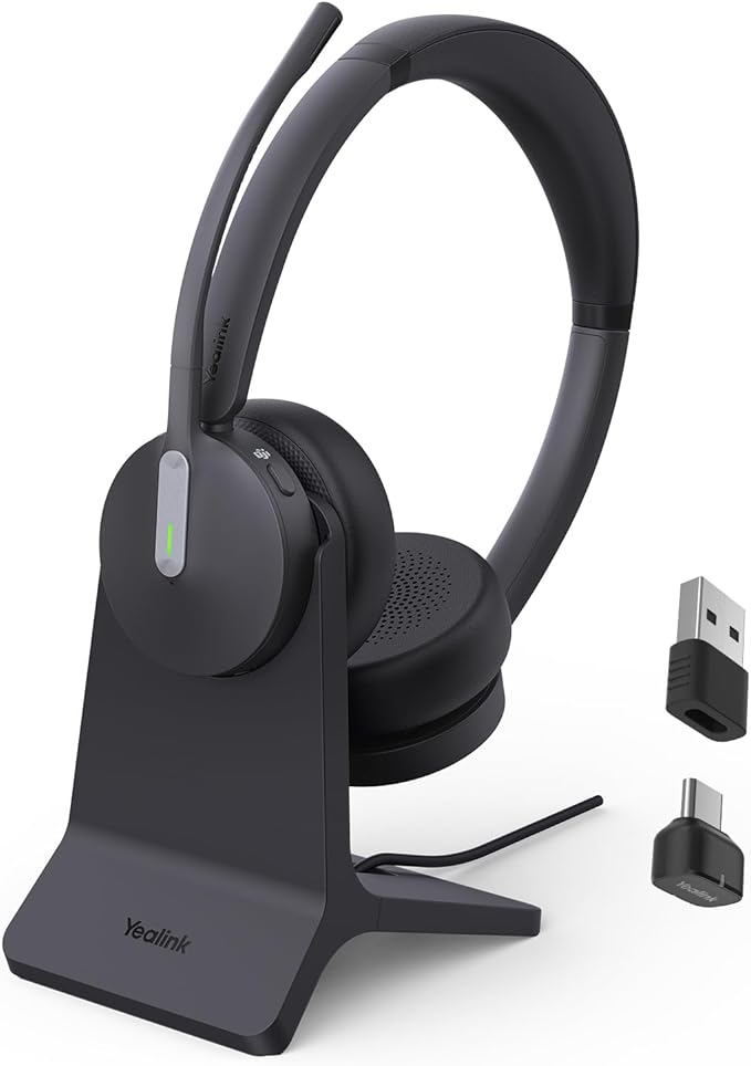 Yealink BH70 with Stand, Wireless Bluetooth Headset with Microphone for Work, Up to 35 Hours Talk Time, Teams Certified, ≤90 Minutes Quick Charging, USB-C/A Adapter, No Power Adapter Required