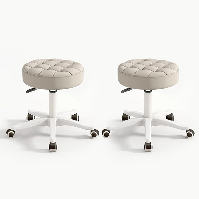 Small Chair Round Rolling Stool with Wheels PU Leather Height Adjustable Swivel Drafting Work SPA Salon Stools Home Office Chair,2 Pack