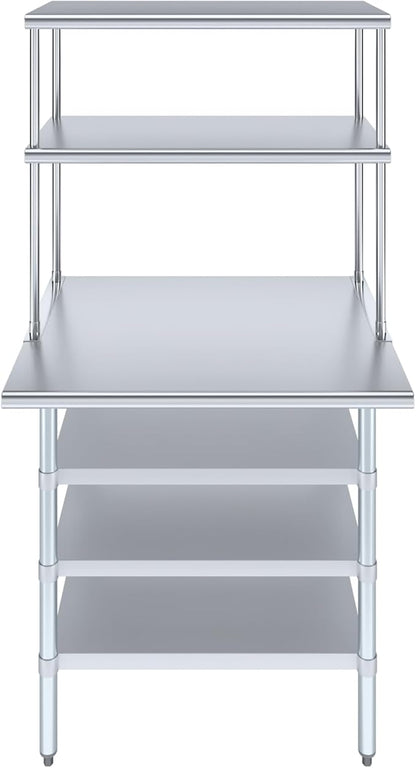 Amgood 30" x 36" Stainless Steel Work Table with 3 Shelves and 18" Wide Double Tier Overshelf | Metal Kitchen Prep Table & Shelving Combo | NSF