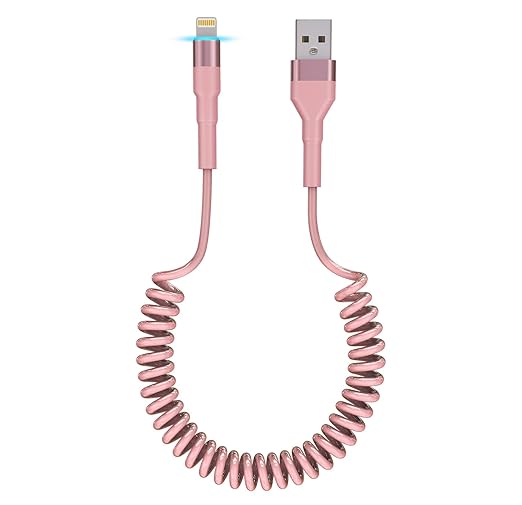 Pink Car Charger Cable - Coiled Lightning Cable for Apple CarPlay with 480Mbps Data Sync LED [MFi Certified], Fast Charging Short USB to Lightning Pink Retractable iPhone Charger Cord for Car