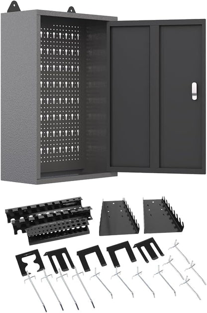 JZD Metal Storage Wall Mounted Cabinet with 22 Hooks, Lockable Small Tool Chest, for Garage Basement Workshop, Black and Gray