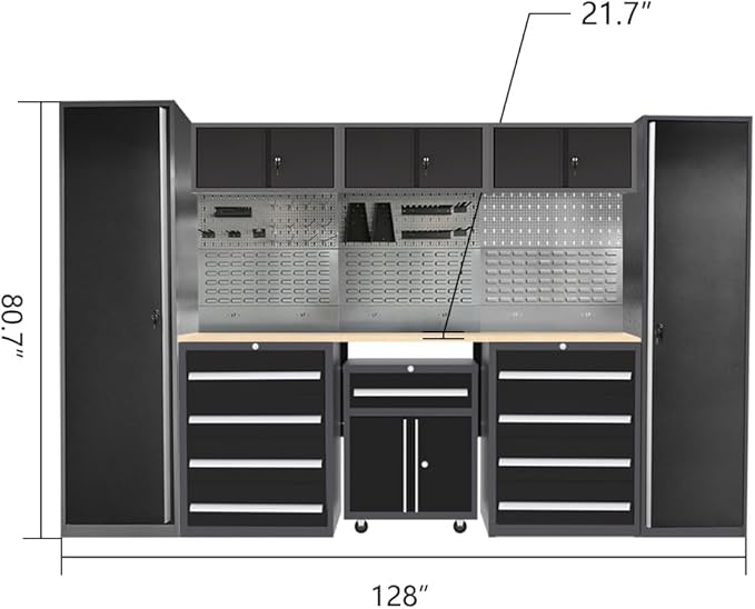 JZD Garage Storage Cabinet Set with Workbench System, Included Tool Cart, for Auto Repair Shop Basement Factory