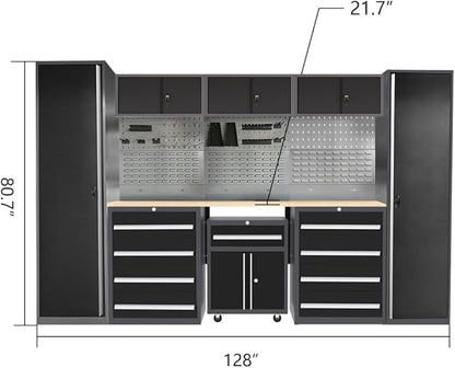 JZD Garage Storage Cabinet Set with Workbench System, Included Tool Cart, for Auto Repair Shop Basement Factory