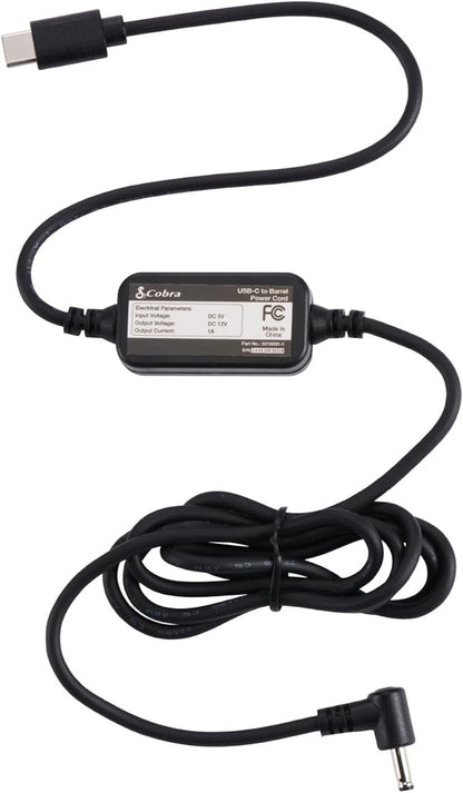 Cobra USB-C to Barrel Connector Radar Detector Power Cable Radar Detectors, Compatible RAD350 380 450 480i 700i and Suitable for Radar Detector Windshield Mount