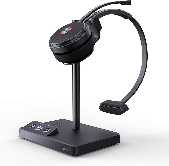 Yealink WH62 DECT Mono Teams Wireless Headset, 525 ft Range Work Headphone with 2X Noise Canceling Mic for IP Phone and Computer, Single Ear Headset with Call Control, Ringer,13H Talk Time