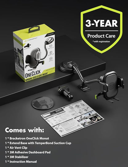 Bracketron OneClick Flexible Phone Holder for Car Dashboard,Windshield & Vent,3 in 1 Car Phone Holder with 7" Adjustable Gooseneck Arm,360 Rotation Car Phone Mount for All iPhone Android Smartphone.
