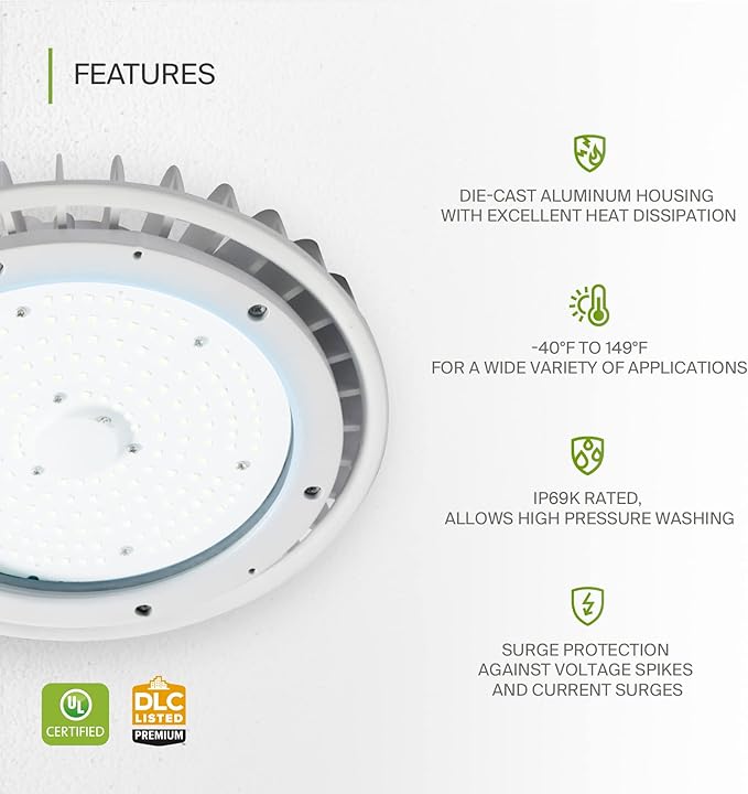 ASD LED High Bay UFO Light Fixture, Commercial Shop Lighting | Dimmable, IP69K Waterproof, DLC Premium, UL Listed | 200W 29600LM 5000K 100-277V | Warehouse, Garage, Workshop, Barn Lamp | White