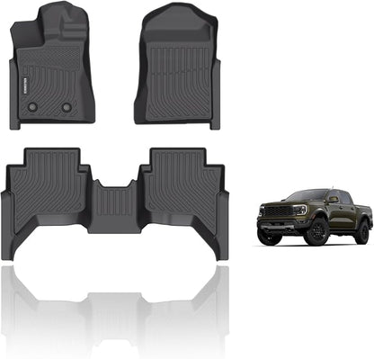 KELCSEECS® Floor Mats Custom for Ford Ranger SuperCrew Cab 2024-2025 All Weather Protection TPE Heavy Duty Non-Slip Automotive Floor Liners Fits Front & 2nd Row Full Set Accessories, Black