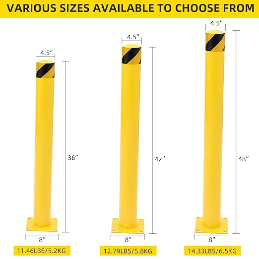 4-Pack Heavy Duty Safety Bollards, 48" Height, 4.5" Diameter Steel Pipe Bollard Post with 16 Anchor Bolts, High-Visibility Yellow Parking Bollard for Traffic Control, Warehouses, & Pedestrian Safety