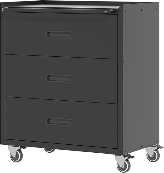 Metal Storage Cabinet with Wheels, Garage Storage Cabinet with 3 Drawers, Rolling Tool Storage Cabinet, Assembly Required, Black