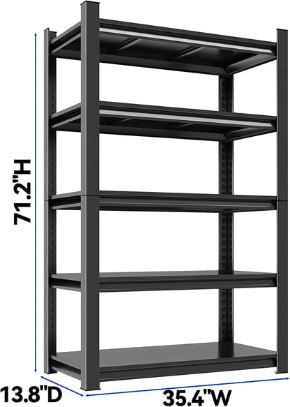71.2"H Garage Shelving Heavy Duty Rack, 3000 LBS Extra Large Capacity 5 Tier Adjustable Storage Shelves, Metal Industrial Shelf Units for Garage, Basement and Warehouse, 71.2"H×35.4"W×13.8"D, Black