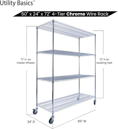60"x24"x72" PREMIUM METAL STEEL 4-Tier Wire Shelving NSF 3200 LBS MAX Capacity Heavy Duty Storage Rack for Hospitals, Schools, Commercial Spaces, and Garages w/PREMIUM Wheels