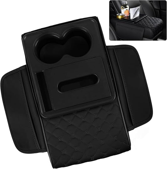 5 in 1 Car Armrest Storage Box for Center Console, Armrest Cushion Cover for Car with 2 Cup Holders Storage Bags, Tissue Box, Phone Slot, Premium Memory Foam with Nappa Leather, 14.2*7.9*2.8in (Black)
