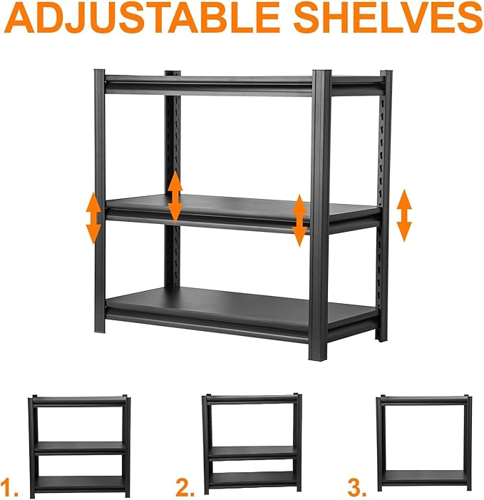 Metal Garage Shelving Unit, Heavy Duty 3-Tier 1050 LBS Loads Adjustable Storage Rack Garage Storage Shelves, Industrial Utility Shelf for Garages, Warehouses, Kitchen, Black