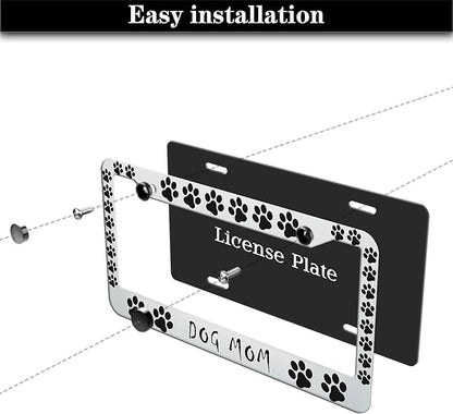 Fun License Plate Frame Cover Black and White License Plate Frames Dog Mom Dog Lover Aluminum Metal Car Accessory 2 Pack with Screw Covers Set