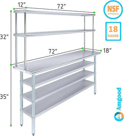 Amgood 18" x 72" Stainless Steel Work Table with 3 Shelves and 12" Wide Double Tier Overshelf | Metal Kitchen Prep Table & Shelving Combo | NSF