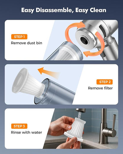 Car Vacuum,3 Suction Modes,Portable Mini Cordless Cleaner with 24000pa Suction Power,Type-C Charge,Handheld Vacuum for Home,Car, Office Desk, Keyboards(Silver White)