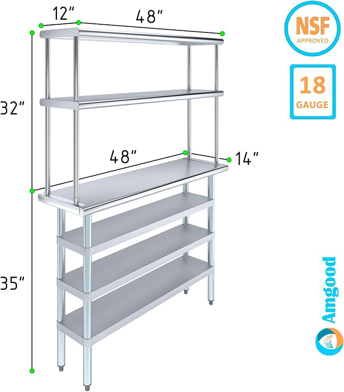 Amgood 14" x 48" Stainless Steel Work Table with 3 Shelves and 12" Wide Double Tier Overshelf | Metal Kitchen Prep Table & Shelving Combo | NSF
